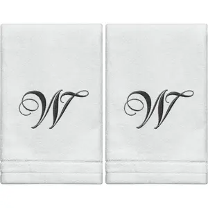 Monogrammed Towels Fingertip, Personalized , 11 x 18 Inches - Set of 2- Black Embroidered Towel - Extra Absorbent  Cotton- Soft Velour Finish - For Bathroom/ Kitchen/ - Initial W (White)