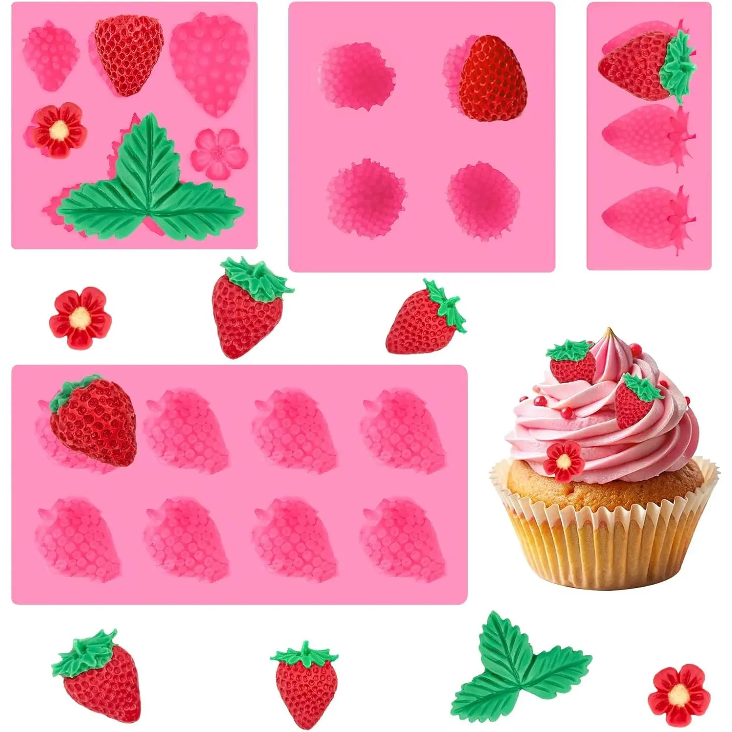 4 count Strawberry  Molds,  Strawberry Fondant Molds for Chocolates, Candies, Cake Decorations, Cupcake Toppers, Desserts
