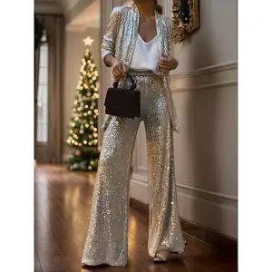 Women's wide leg pants, elegant and shiny crystal sequin high waisted loose fit, suitable for club parties, fashionable all year roundRAIMENTRY