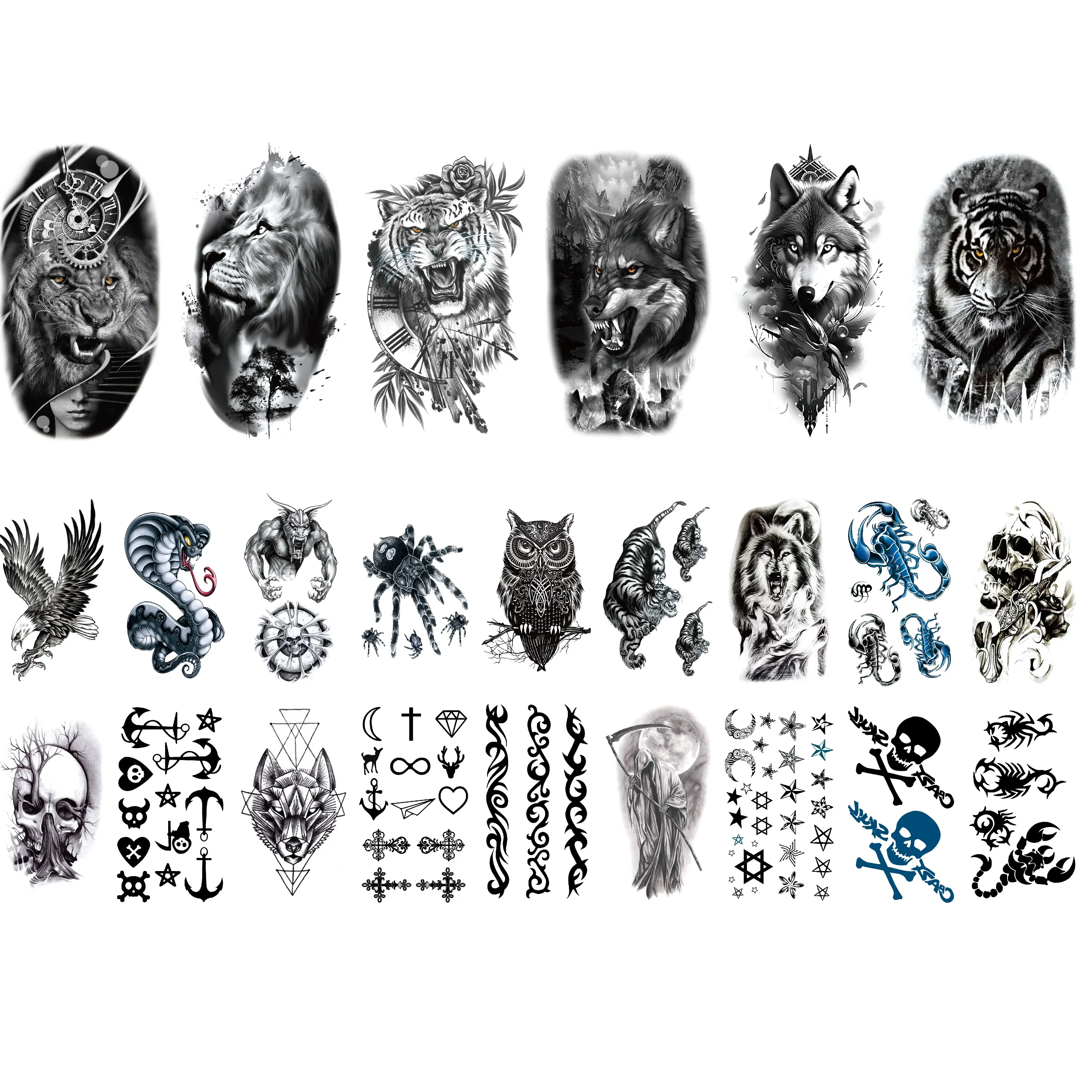 24 Sheets Waterproof Temporary Tattoo : ,Long Lasting Forearm Designs Animals & Flower, Wolf, Tiger, Lion, Owl, Skeleton Skull - Perfect for Halloween