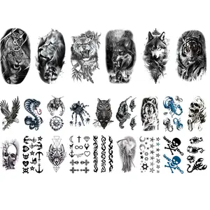 24 Sheets Waterproof Temporary Tattoo : ,Long Lasting Forearm Designs Animals & Flower, Wolf, Tiger, Lion, Owl, Skeleton Skull - Perfect for Halloween