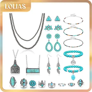 LOLIAS Women's Bohemian Vintage Costume Jewelry Set - Navajo Pearls, Beaded Choker, Layered Necklaces for Women, Turquoise Earrings, Adjustable Size Bracelet, Knuckle Rings, Accessories Adults