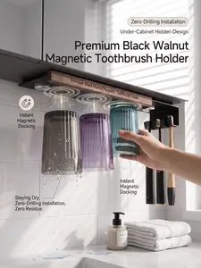 Premium Walnut Wood & Matte Aluminum Magnetic Toothbrush Rack, Inverted Self-Draining Glassware Holder System, No-Drill Hidden Wall Mount Bathroom Vanity Organizer Wooden Wooden Wooden