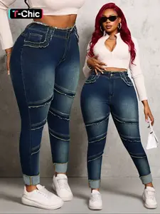 Women's Plus Size Elastic Stretchy Slim Jeans, Fashion Design, Ripped Effect, Frayed Waistband, Casual Street Style, All Seasons Denim Jeans