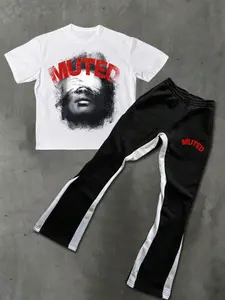 Men's Art Print Graphic Short Tee & Trouser Pants Set, Loose Fit Street Style, Comfortable Breathable Fabric, All-Season Men's Clothing Outfit