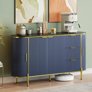 Navy Blue Sideboard Buffet Cabinet with Storage 60in Modern Fluted Credenza Storage Cabinet with Faux Marble Top 2 Curved Profile Sliding Doors 3 Drawers Coffee Bar Accent Table for Livingroom