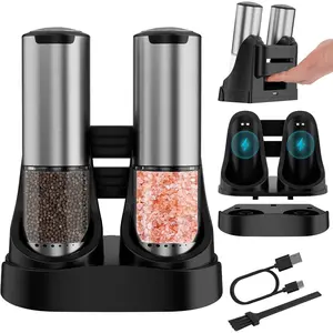 Electric Salt and Pepper  Set Type-C  , Automatic Salt and Pepper Shakers Adjustable Coarseness, Stainless Steel Rechargeable Salt and Pepper  with LED Light