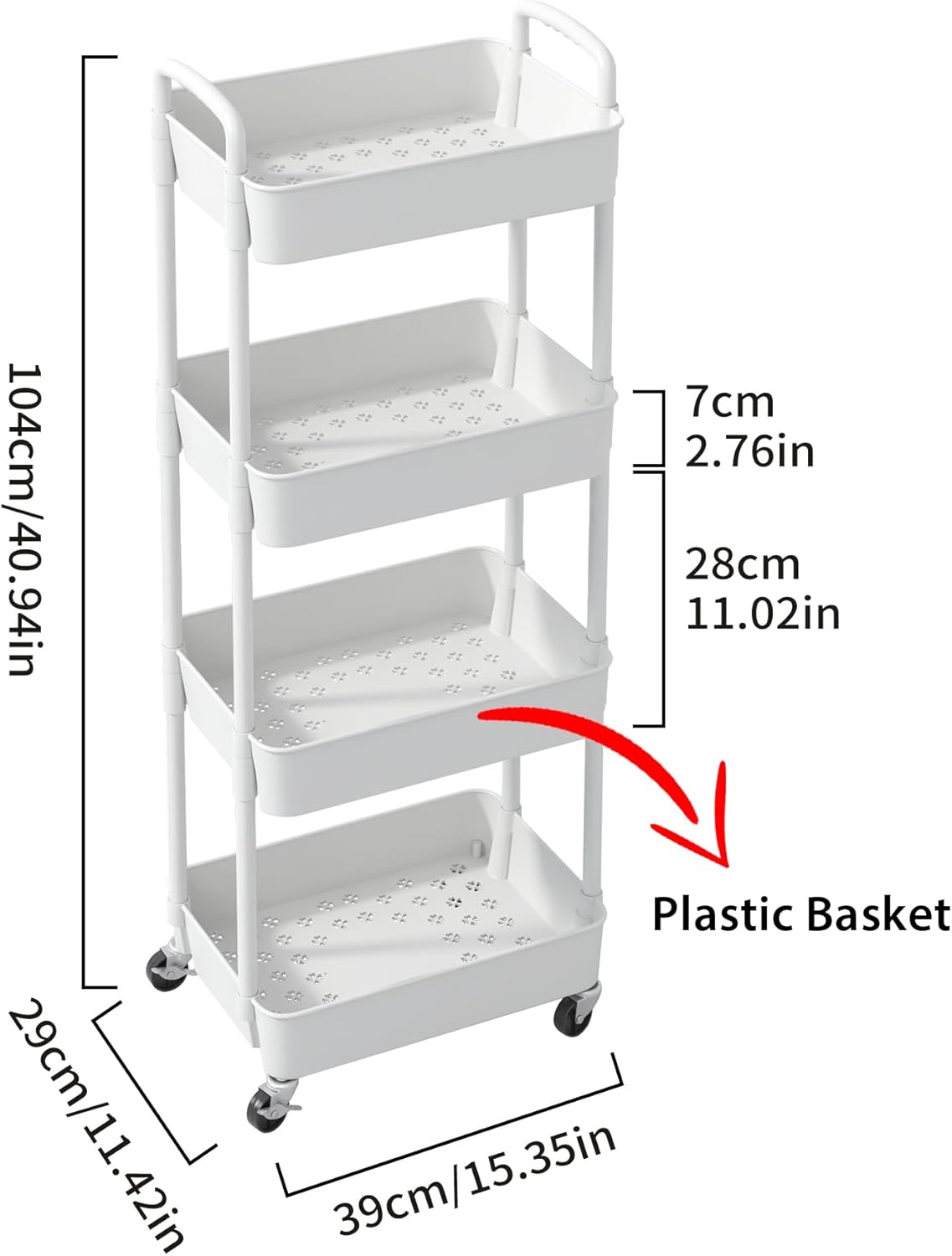 Sywhitta 4-Tier Plastic Rolling Utility Cart with Handle, Multi-Functional Storage Trolley for Office, Living Room, Kitchen, Movable Storage Organizer with Wheels, White