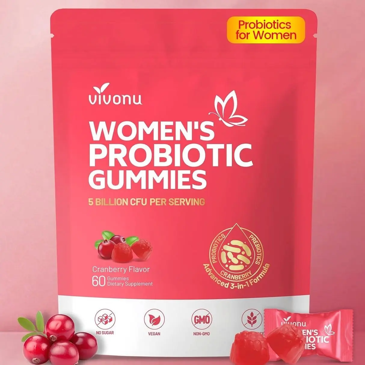 VivoNu Probiotics for Women, Women Probiotic Gummies, 500 Million CFUs, Fiber | Feminine Balance Gummies for Healthy Odour, Digestive Support and Gut Health + Vitamin C for Immune Support - 60 Gummies