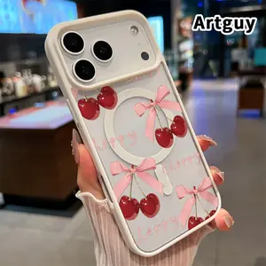 Phone Case for iPhone 17 Pro Max 16 15 Plus Air 14 13 12 11 E Cherry Bow Delight Pattern Four Corners Reinforced Shockproof Transparent Soft Silicone Cover