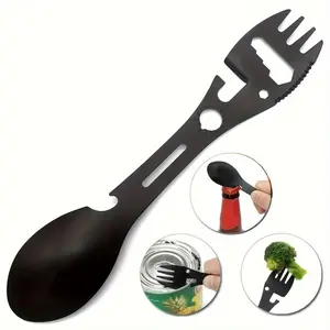 10-In-1 Multifunctional Spoon Set, Portable Stainless Steel Utensils, Outdoor Camping Supplies, Includes Can Opener, Toothed Knife, Wrench, Direction Indicator