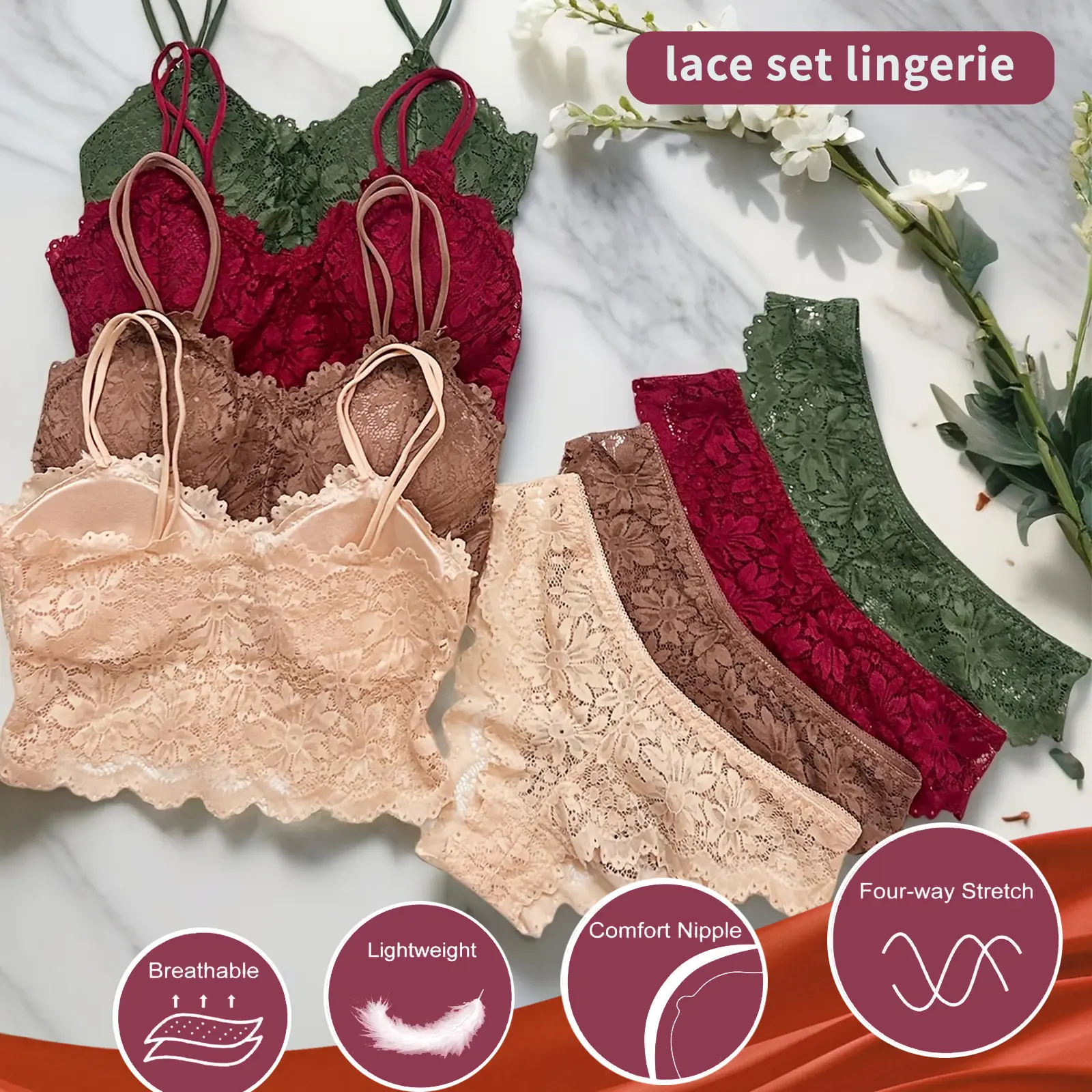 HICLOTH  Women 4-Pack Lace Bralettes with Matching Panties – Wireless, Soft, Double-Strap Lingerie Womenswear