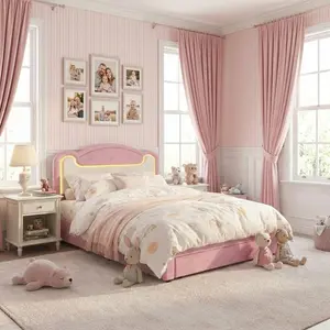 Pink White Full Size Upholstered Bed Frame with LED Lights & Storage Drawers, Fabric Headboard & Wood Slats, No Box Spring Needed, Princess Bed for Girls
