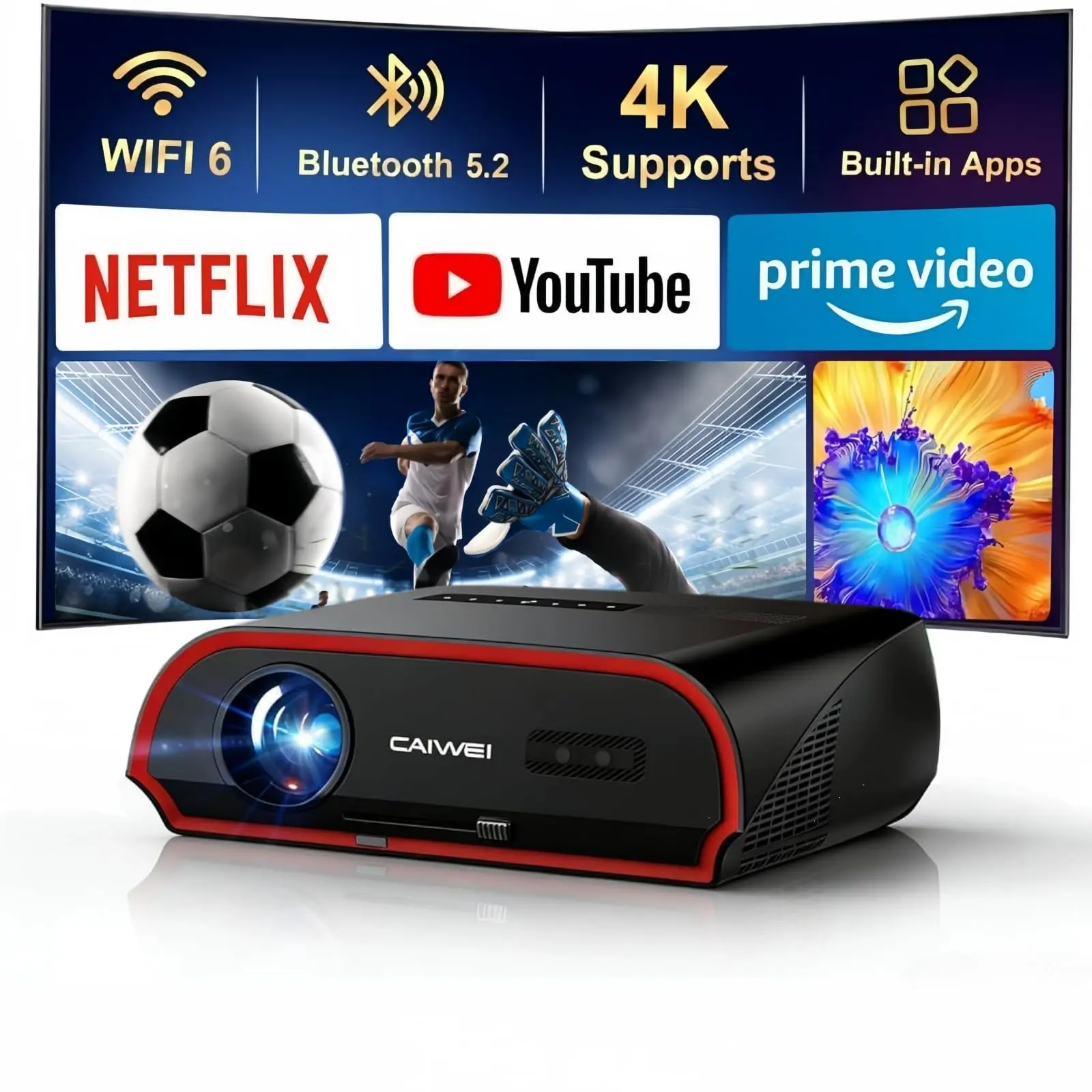 1800ANSI Daytime Projector Ultra HD 4K Smart Projector with WiFi Bluetooth Apps HDMI ARC USB Lan Port for Indoor Outdoor Movie Gaming TV Sports Audio Space