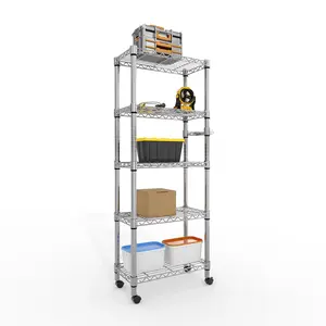 Heavy duty 5-storey metal retail display rack - Capacity 1100 pounds - Lockable wheels - NSF certified - Easy to assemble - Ideal for kitchen, garage, basement, and store fixtures