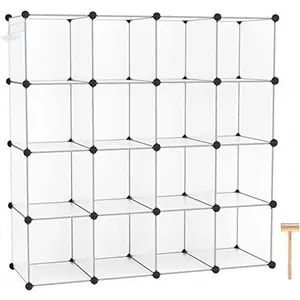 Cube Storage Organizer, 16-Cube Shelves Units, Plastic Storage Cubes, DIY Closet Organizer, Modular Closet Storage Shelves Ideal for Home, 48.4" L * 12.4" W * 48.4" H Transparent SUM3016W