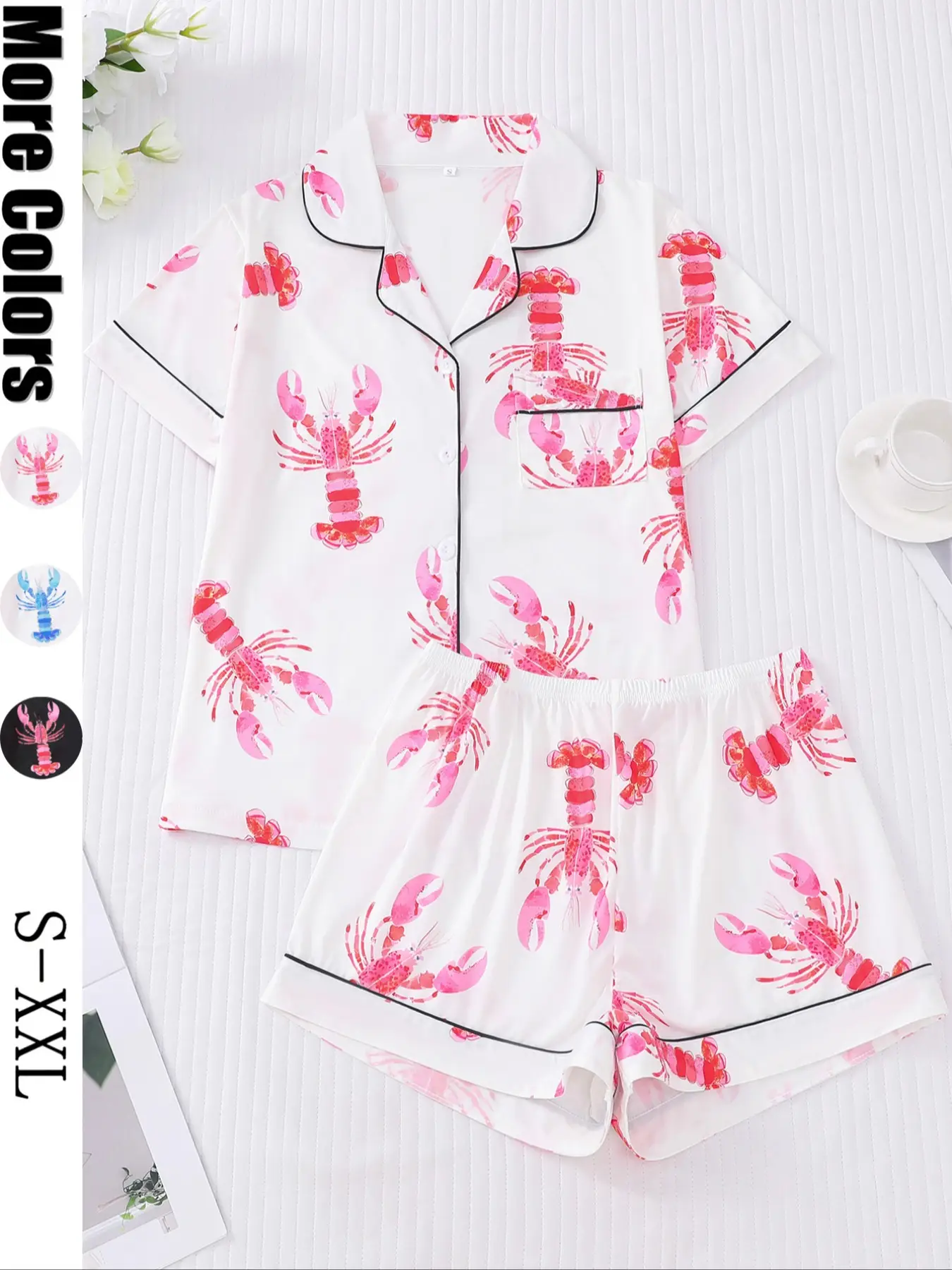 Women's All Over Lobster Print Pajama Set, Elegant Casual Comfy Button Front Short Sleeve Top & Elastic Waist Shorts Pj Set, Ladies Sleepwear for All