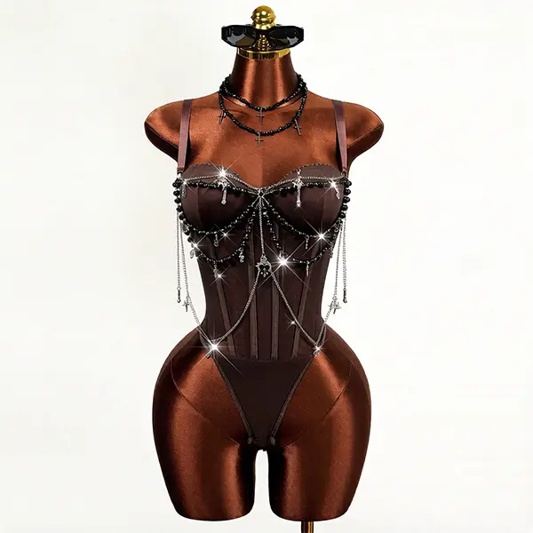Women’s Spring/Summer Slim-Fit Sexy Strappy Bodysuit with Chain Details for Music Festivals