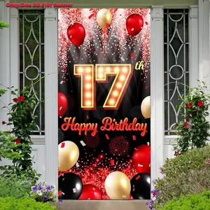1pc 2D flat banner,Happy 17th Birthday Backdrop Banner Black and Red Theme Background with Neon Shiny Fashion Birthday Party Photo Photography Prop Booth Door Background for Boys Girls Celebration
