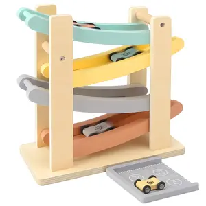 Joyreal Wooden Car Ramp Toy for 1-2 Year Old Boy & Girl - 4 Level Toddler Car Ramp Race Track Set with 4 Mini Cars & Garage for Montessori Baby Play Nursery Toys