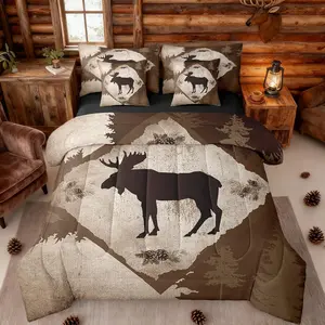 7 Pieces Moose Cabin Comforter Set,Vintage Brown Plaid Rustic Farmhouse Bedding Set for Kids Teens Adults Bed in a Bag(Comforter,Flat Sheet,Fitted Sheet,2 Pillowcases,2 Pillow Covers)