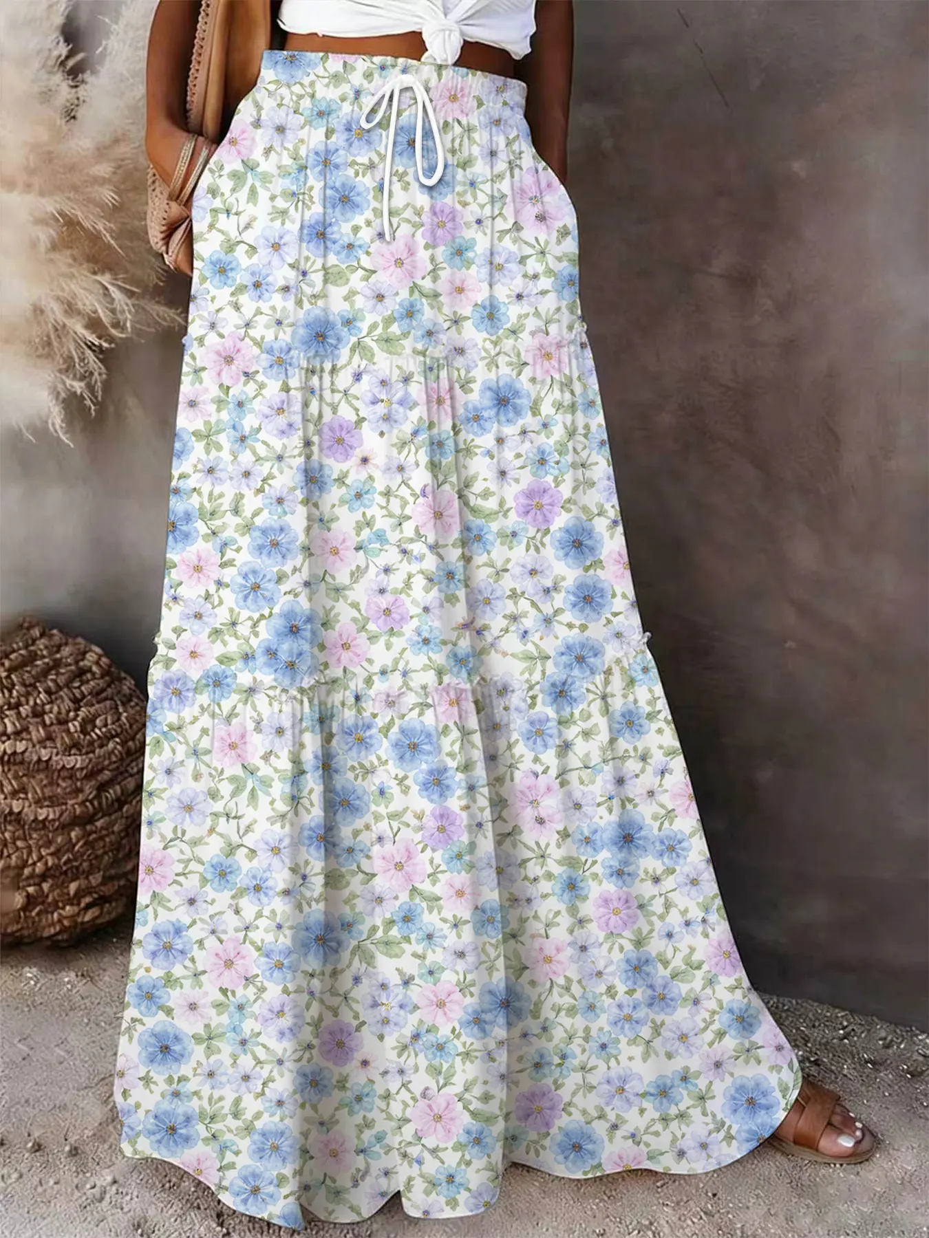Ditsy Blue & Pink Floral Maxi Skirt | Cottagecore Bohemian Boho Tiered Skirt for Women, High Waist Skirt, Casual Skirts, Floral Printed Skirt, Boho Fashion Skirt
