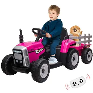 【GARVEE】12V Ride-On Tractor with Trailer and Remote Control for Toddlers, Featuring LED Headlights, 2+1 Gear Shift, MP3 Player, USB, Speed up to 5mph, 25W Motor, Tread Tires, Rose Color
