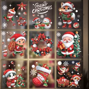 9sheets/set Red Christmas window stickers, static stickers, Removable window decal of various Christmas character images such as Santa Claus, deer, etc. used for Christmas decorative stickers in homes and malls, reusable double-sided PVC stickers
