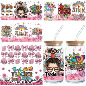 Teacher UV DTF Wrap Transfer Stickers - 5 Sheets Teacher Appreciation Uvdtf Cup Wraps for 16oz Glass Best Teacher Ever Pencil Book Designs Back to School Rub on Transfer Decals for Mug  DIY Crafts