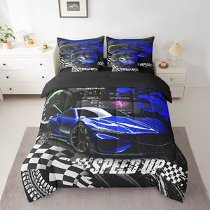 Feelyou 7-Piece Blue Race Car Microfiber Bedding Set, Bed-in-A-Bag for Boys with Breathable Blanket and Sheets