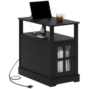 HOMCOM End Table with Charging Station, Narrow Side Table with USB Ports and Outlets, Small Table with Hidden Storage and Open Shelf for Living Room, Black