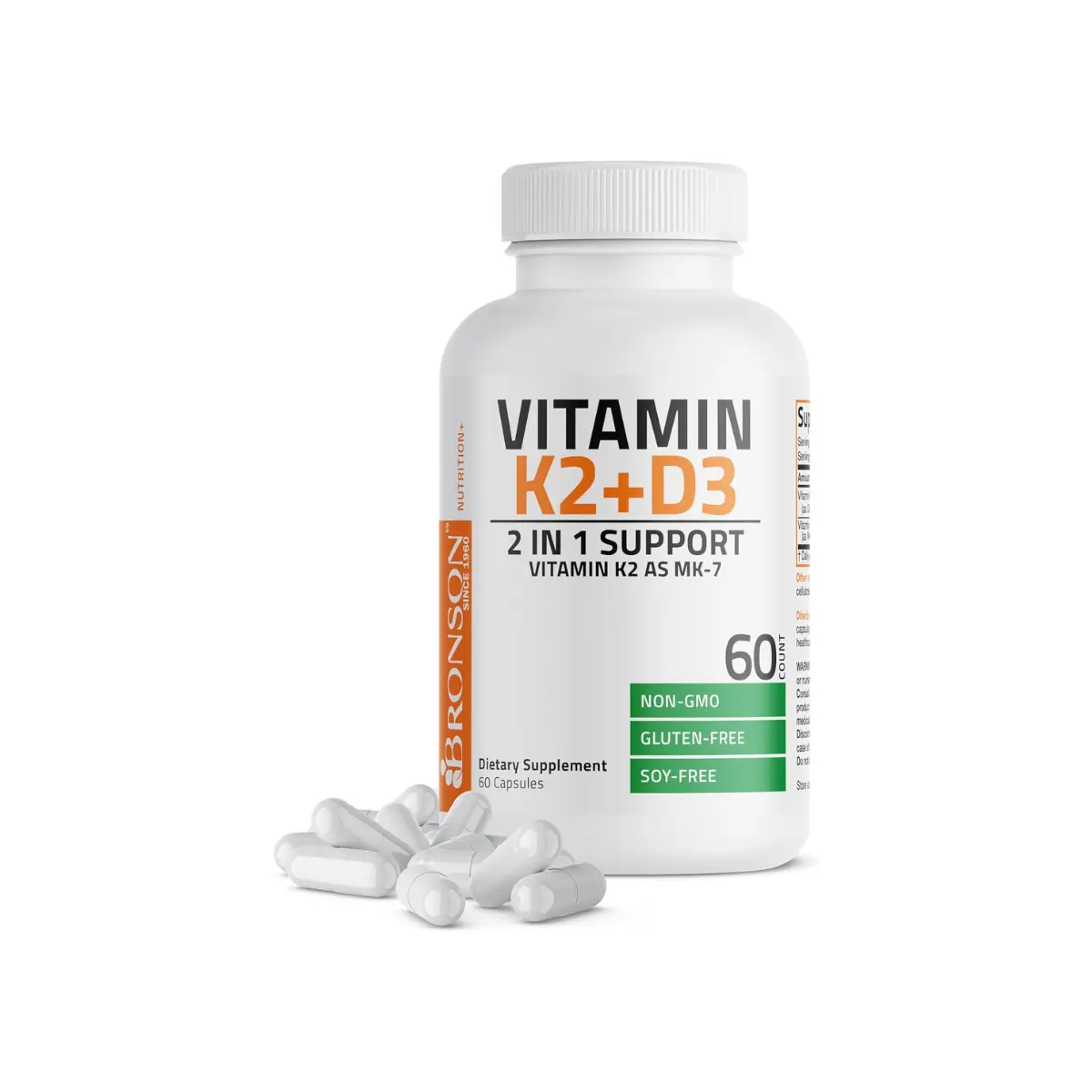 Bronson Vitamin K2 (MK7) & D3 2-in-1 Complex Supplement, 60 Capsules – 5000IU D3 (125 mcg), 90 mcg K2 MK7, Gluten-Free, Soy-Free, Non-GMO, Healthcare Support for Bone, Immune & Heart Health