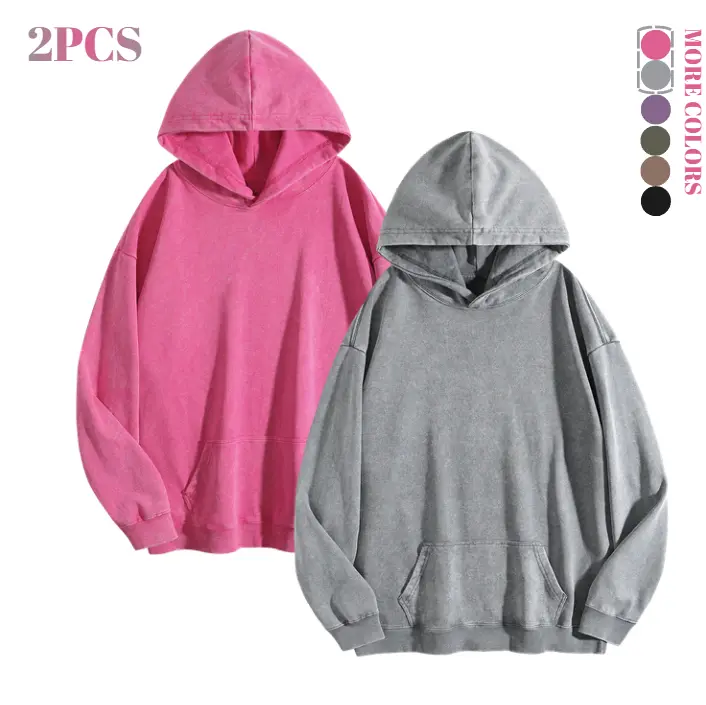 HarleyLand Women's 2Pcs Oversized Acid Wash Golden Kangaroo Pocket Hoodies, Unisex Vintage Street Style Pullover Long Sleeve Everyday Casual Tops for Fall Winter, Ribbed, Basic, Fit, Fleece