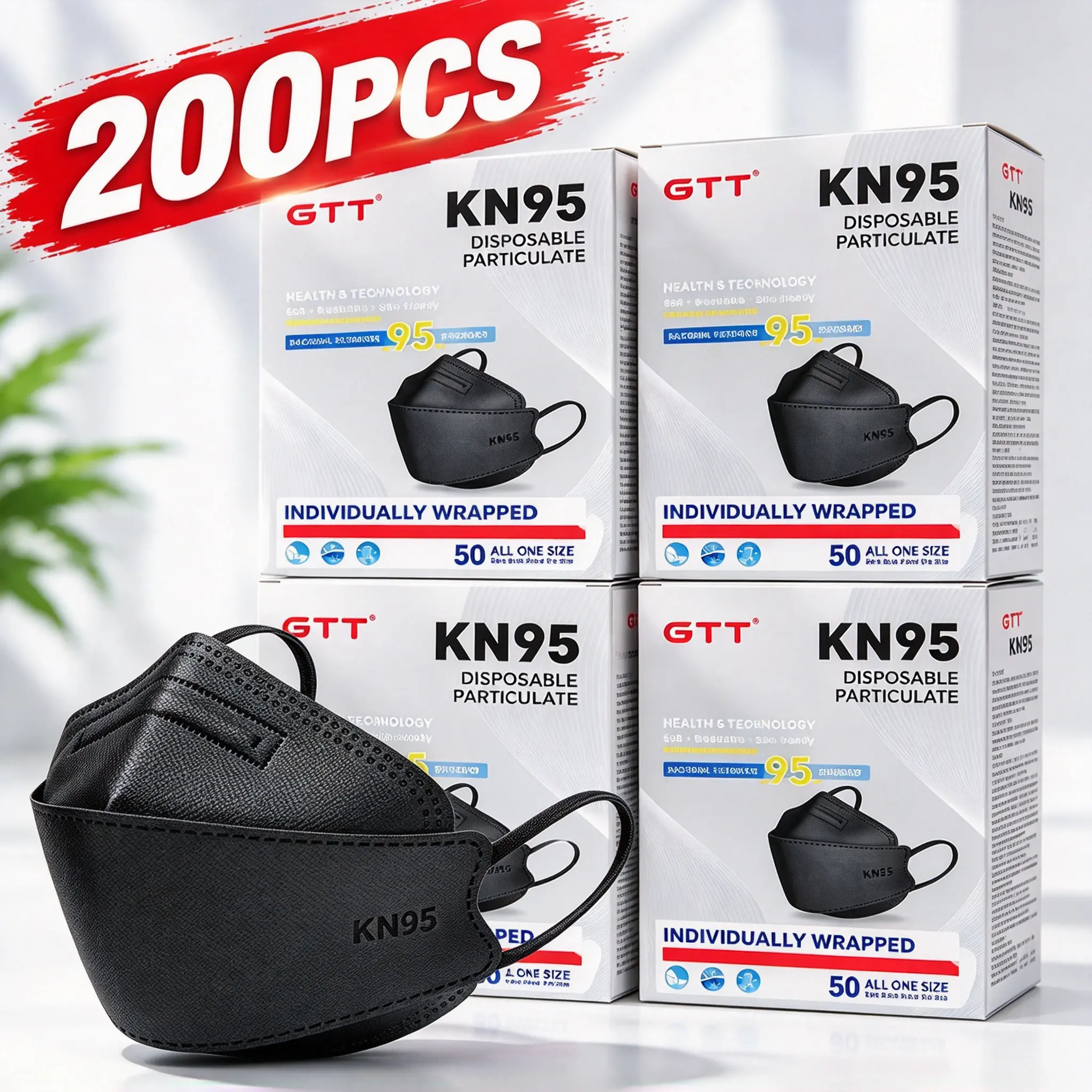 Adult KN95 Protective Disposable Respirator Masks, 50/100/200pcs Non-Woven 4-Layer, Hypoallergenic Pull-On Design, Individual Wrap, 95% Filtration, Portable for Office-Sports Use, 24-Month Shelf Life, Blocks Dust-Pollen-Allergens