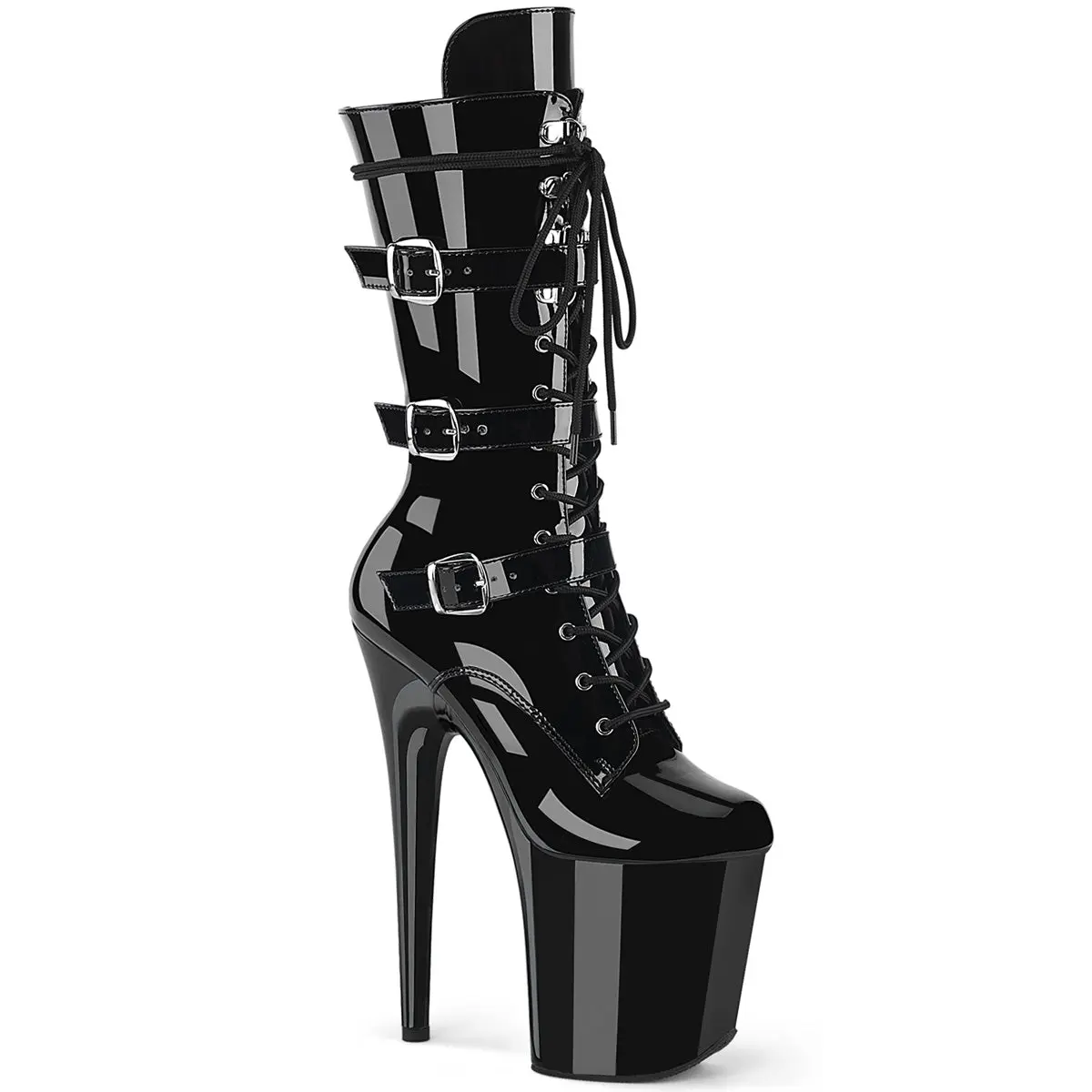 Women's Lace-Up Patent Leather Mid-Calf Booties - Black, 4" (100mm) Platform, 8" Heel, Buckle, Zip, Evening, Party, FLAMINGO-1053, High Heels