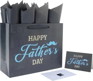 Large Father's Day Party Gift Bag Set with Handles, Greeting Card, Black Tissue Papers and Stickers for Men for Best Dad Ever, Dad Day, Father's Day Design, 1 Pcs