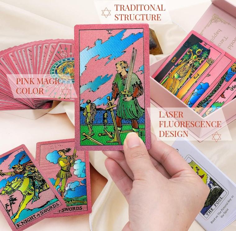 LYINGFISH Pink Tarot Cards for Beginners with Guide Book Gold Foil Meanings Waterproof Rider Waite Taro Deck Fortune Telling Game Classic Origina
