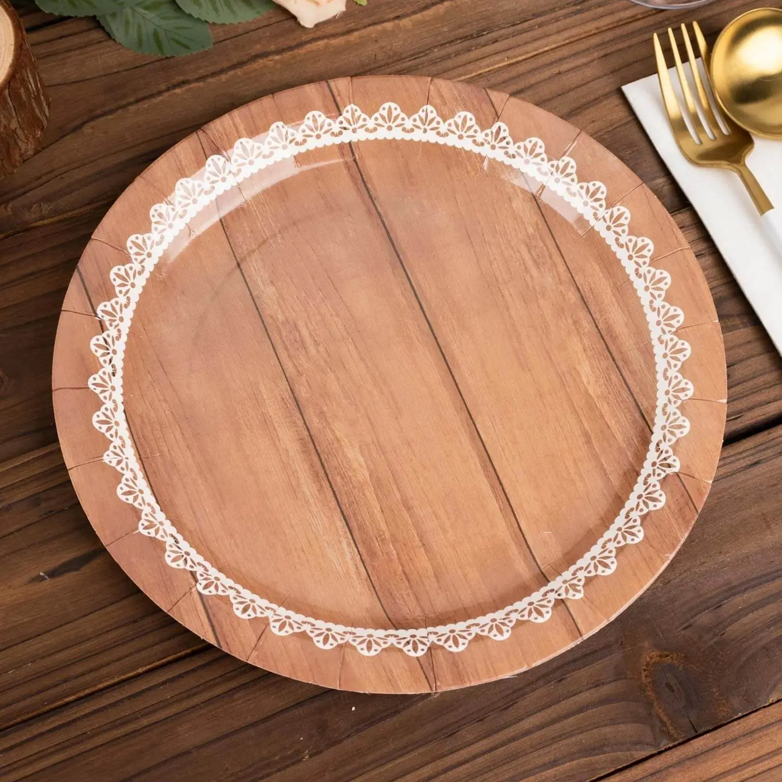 Disposable Dinnerware Set, 25-Set Pack 9-in Brown Wood Grain Paper Round Plates with White Floral Lace Rim - Festive Party Supplies for Rustic Events, Baby Shower, Weddings, 9 Inches