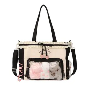 RIVERICH Pastel Kawaii Ita Tote Bag - Cute Ruffle Trim Clear Window Shoulder Bag for Plush & Pins Display | Heart Button Accents, Detachable Crossbody Strap, Multi-Pocket Design Durable Nylon Handbag for Alt Girls