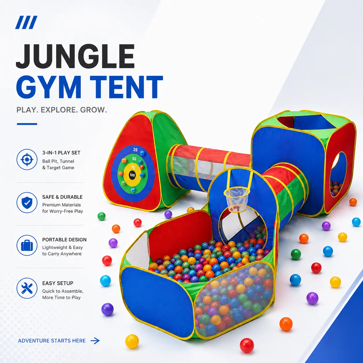 5pc Kids' Play Tents & Tunnels - Ball Pit for Toddlers, Basketball Hoop, Crawling Tubes, Pop-Up Playhouses, Baby Obstacle Course for Indoor or Outdoor Use camping gear play tent camping essentials camping accessories
