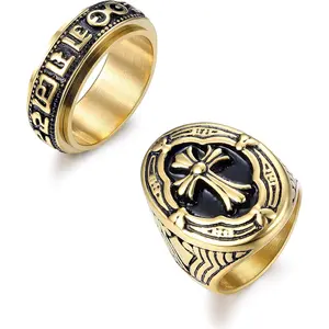 FINREZIO 2 Pcs Golden Black Brilliant Cross Ring Set for Men Women Hypoallergenic Om Mani Padme Hum Band Rings Vintage Cross Signet Biker Stainless Steel Rings Durable Religious Punk Jewelry Set for Daily Wear Gift Giving