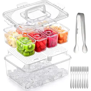 Ice Chilled Condiment  with 8x13.5oz Containers, Large Portable Snack Containers with Lid & Handle, Fruit Veggie Salad Chilled Serving Trays for Party Travel Beach Picnic Outdoor