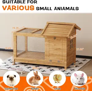 GAOMON Natural Oak Wooden Rabbit Hutch Indoor and Outdoor, Rabbit Cage with Removable Wire Netting, Weatherproof Bunny Cage with Anti-Chew Metal Frame Ramp for Small Animals
