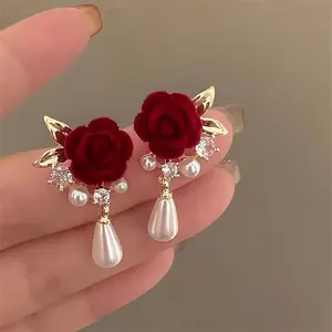 Elegant Burgundy Rose And Imitation Pearl Drop Earrings - Vintage Style Gold Floral Jewelry For Weddings, Parties And Special Occasions