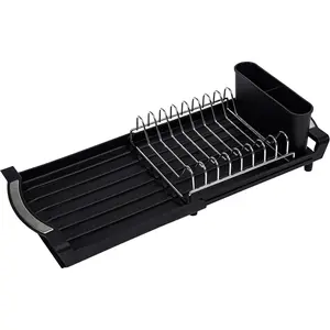 Over The Sink Dish Drying Rack, Adjustable Expandable Kitchen Sink Organizer (11.42-19.9 Inch), Heavy Duty Metal Dish Drainer with Utensil Holder, Space Saving, Black