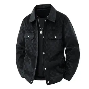 Men’s black jacket for spring, autumn, and winter — suitable for daily outdoor wear and commuting; corduroy fabric with a checkered pattern, front button closure, and chest pocket design