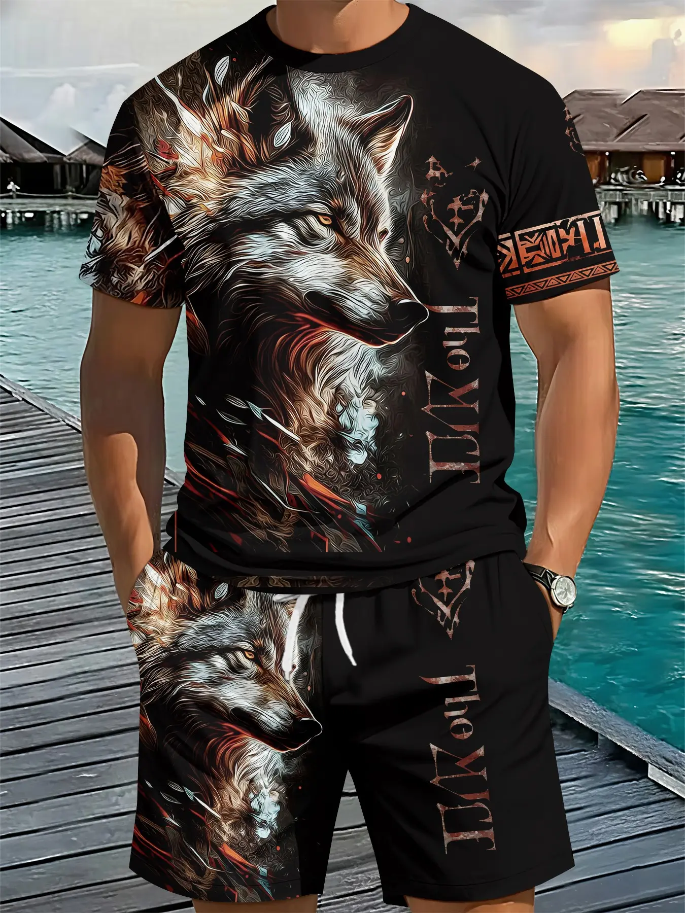 Dark Wolf Head Art 3D Digital Printed Round Neck Two-piece Set, Matching Style Set, 2Pcs, Trendy Retro Casual, Breathable Sports Casual Style, Festival Gift for Men