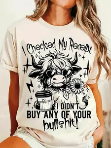 Allseason Wear| Women's Highland Cow Graphic T-Shirt, 100% Crew Neck Short Sleeve Tee, Casual Knit Fabric Top with Alphabet Pattern, Regular Fit All-Season Shirt