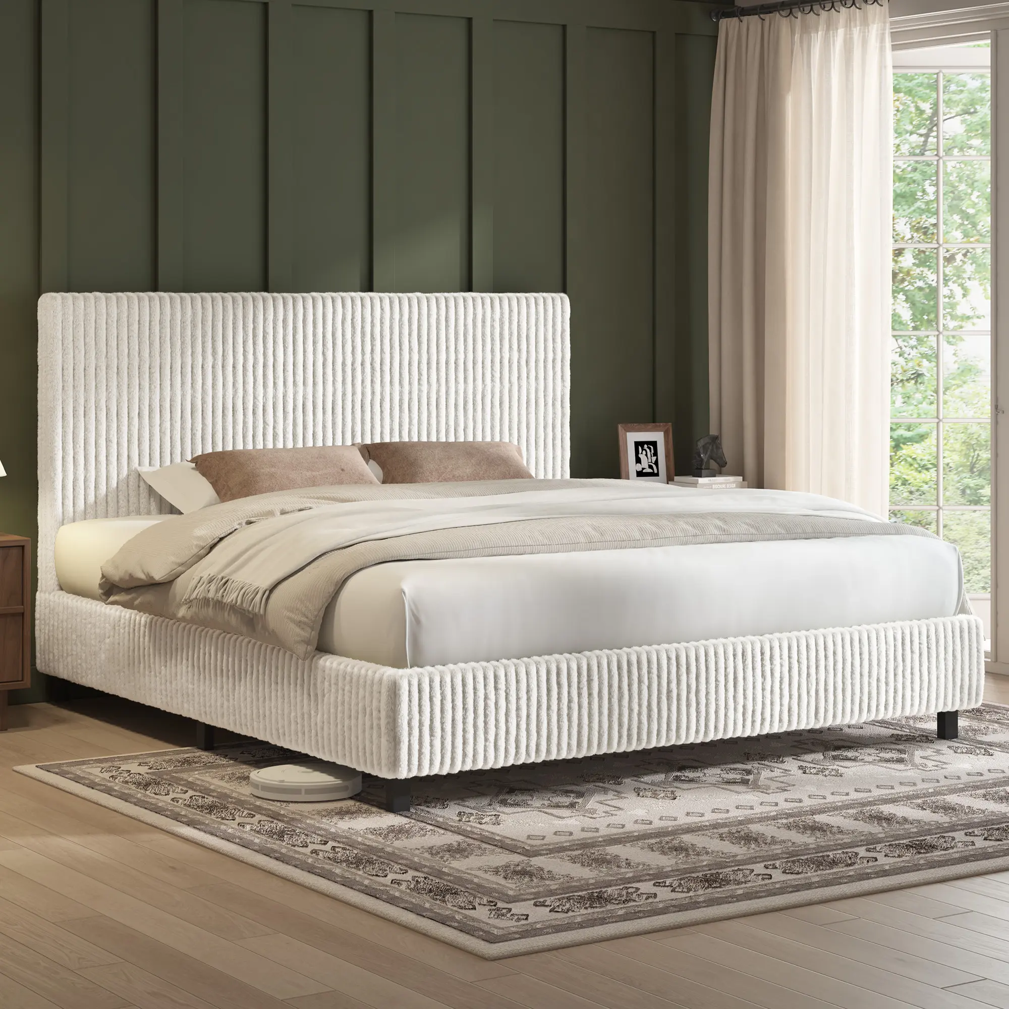 [Summerwins] AMERLIFE Upholstered Bed Frame, Corduroy Platform Bed with 3.5" Thick Gap-Free Headboard, Fully Padded, Metal Frame with Strong Slats, No Box Spring Needed