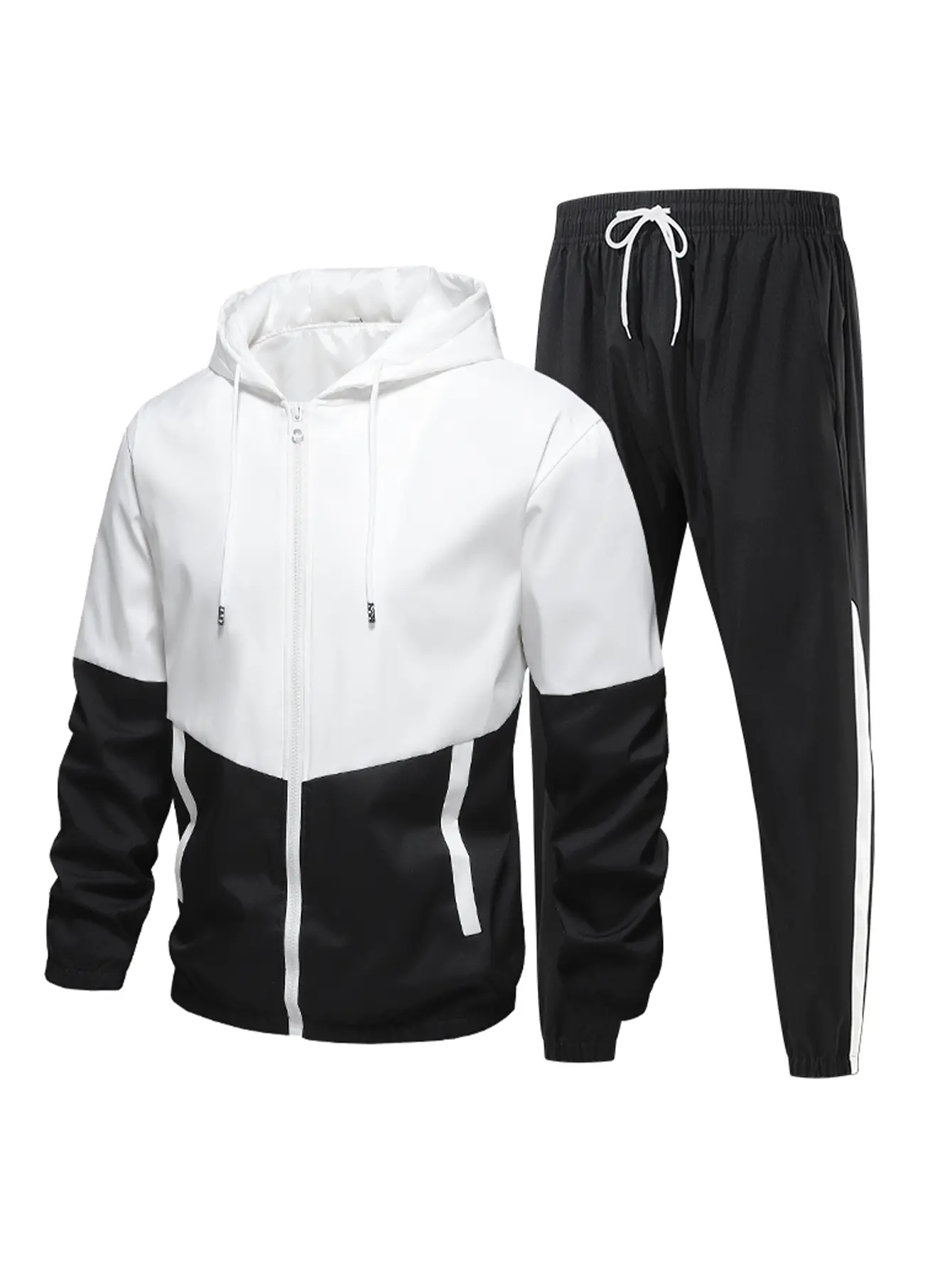 A sports and street photography two-use color-blocked hoodie jacket set, side white stripe slimming pants, trendy, versatile, comfortable, and breathable. Sweatsuit Set Yoga Tracksuit Set